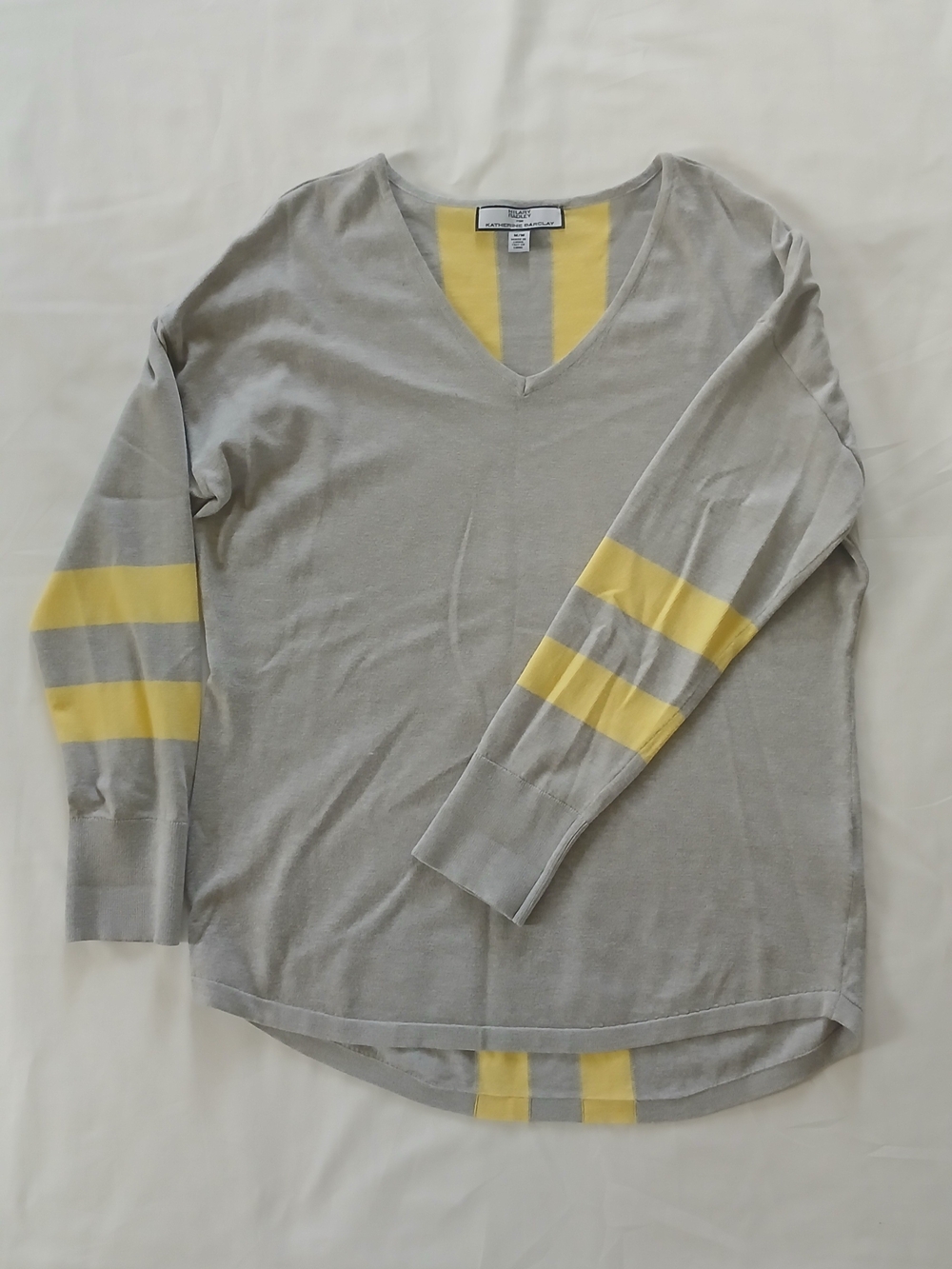 Hilary Radley Gray V-Neck Sweater with Yellow Stripe Accents